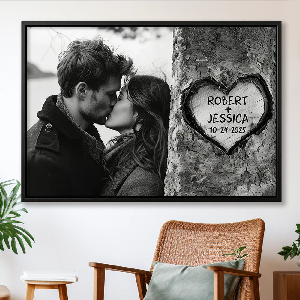 Personalized Couple Kissing Poster with Heart Carved Tree Design Romantic Wall Art, Unique Creative Gift for Him or Her