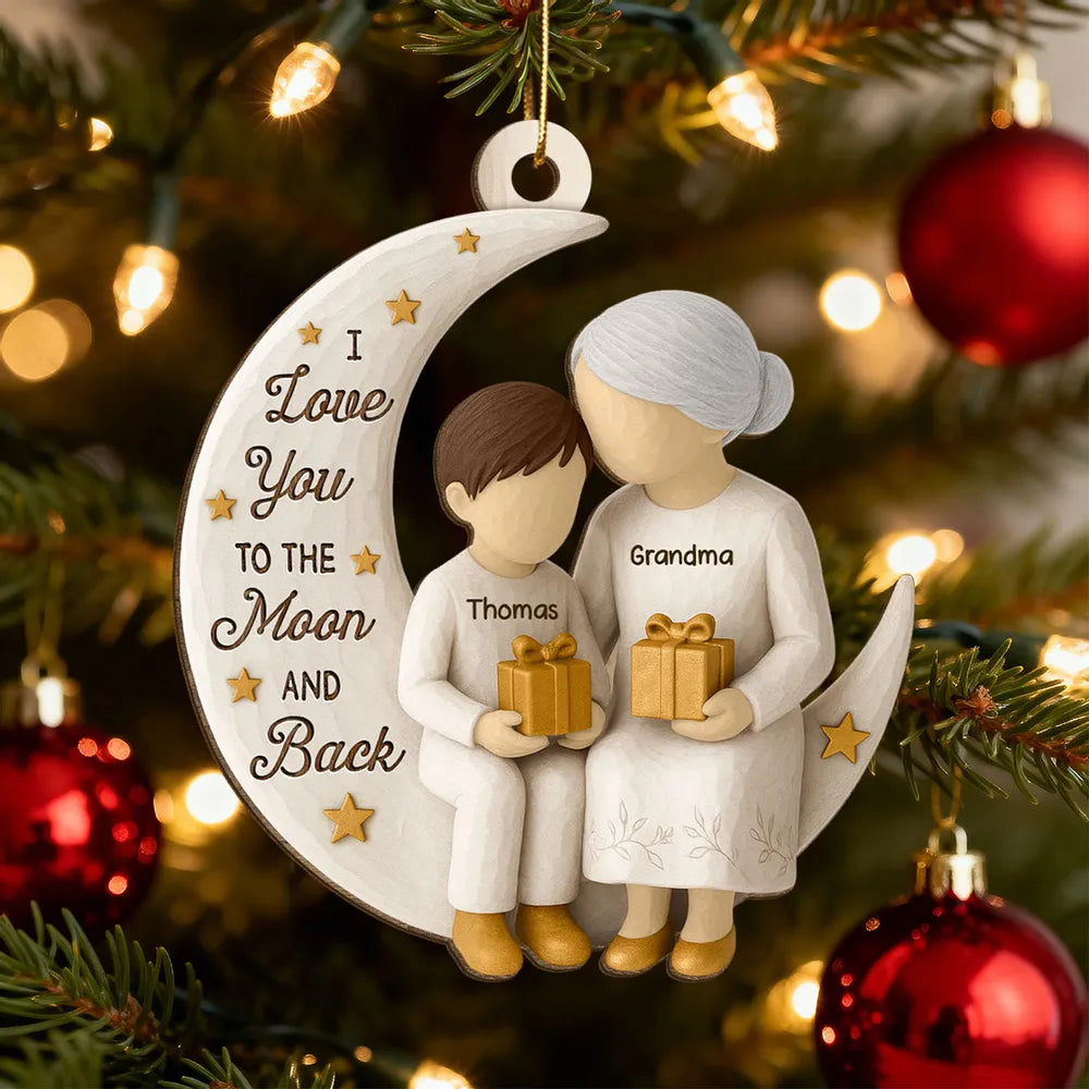 Wooden Ornament - Grandma & Grandkid on Crescent Moon, Customizable, unique gift for Granddaughter or Grandson