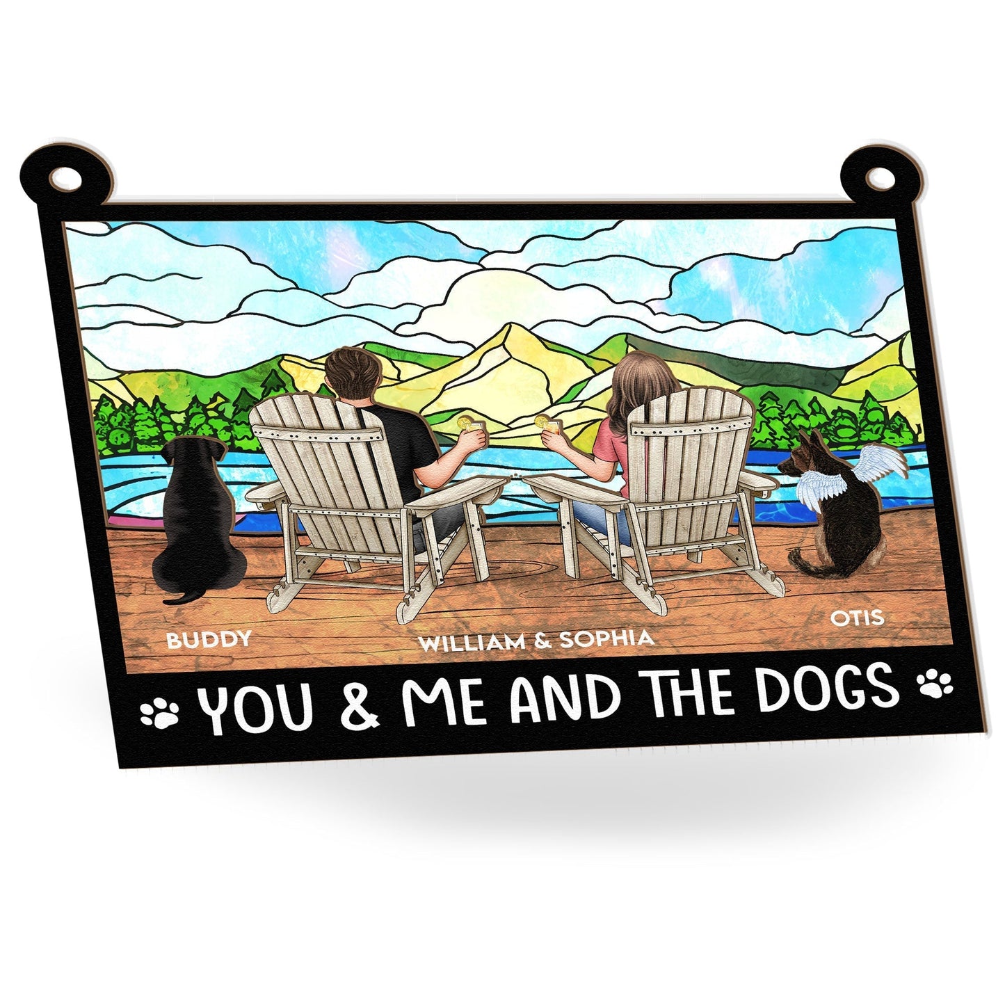 "Rustic Couple and Dogs Wood & Acrylic Ornament - Personalized Mountain View Gift"