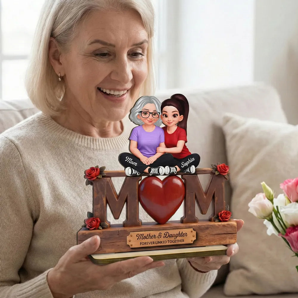 Personalized 2-Layer Wooden Plaque Mother & Daughter Forever Linked Together, MOM Heart Roses, Unique Gift for Mom