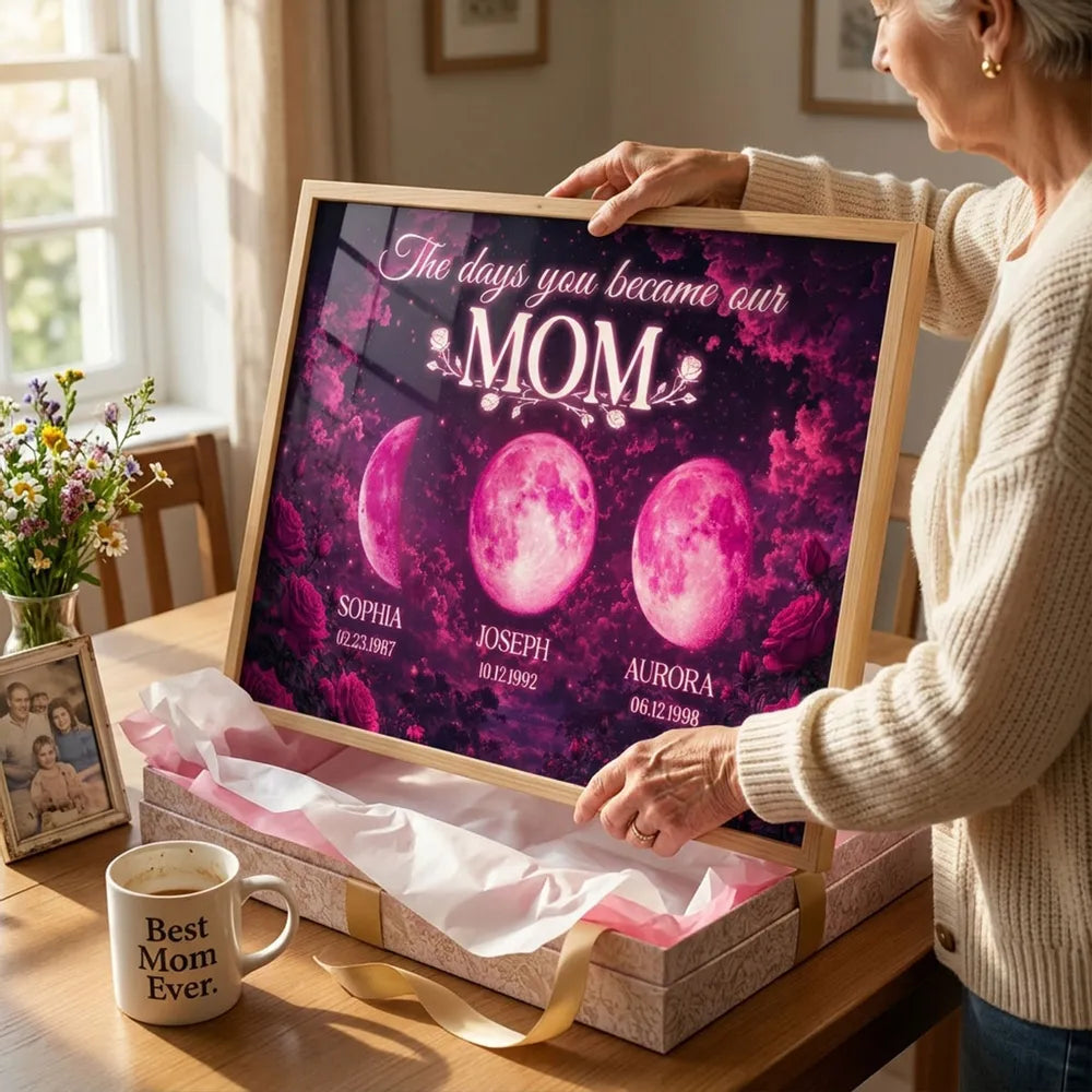 The Days You Became Our Mom Poster, Personalized Pink Moon Wall Art with Rose Accents, Meaningful Gift for Mom