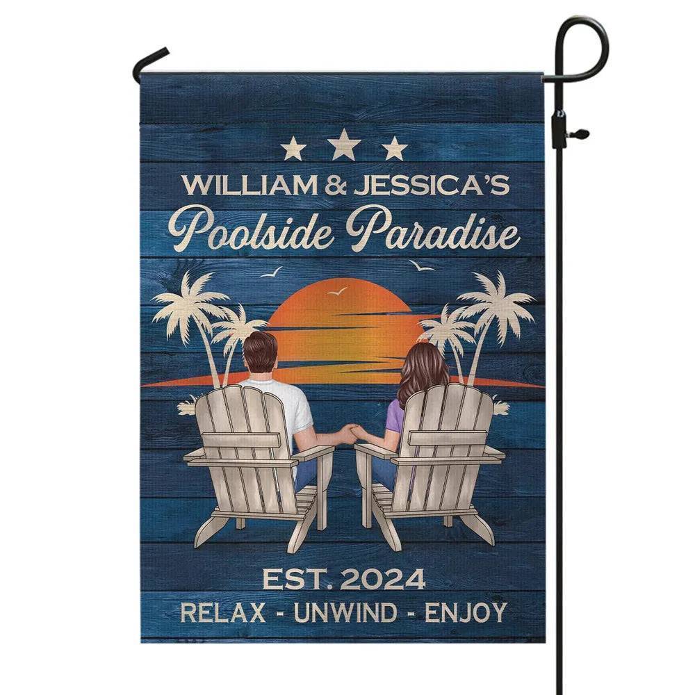 Relaxing Poolside Paradise Decor with Optional Flag Background Couple Sitting Personalized Sign, Flag, Vase - Perfect for Garden, Housewarming, Birthday, Anniversary Gift for Him, Her