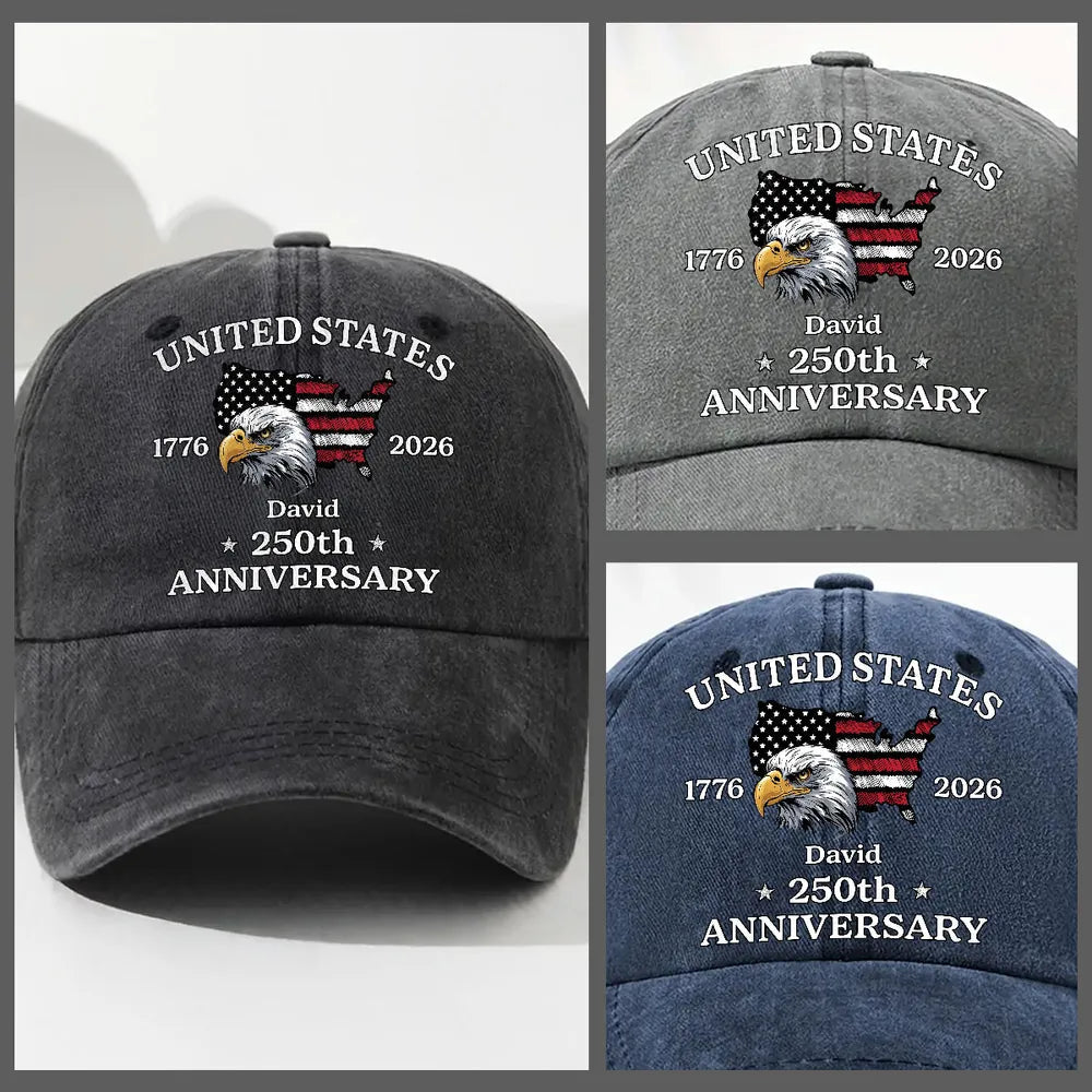 Custom Name US 250th Anniversary Flag Eagle Washed Denim Hat, Meaningful Everyday Keepsake