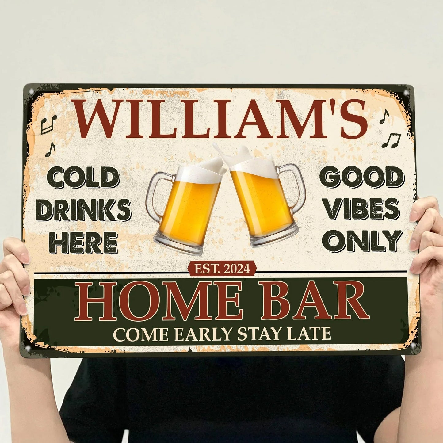 Personalized Home Bar Rectangular Iron Sign with Clinking Beer Mugs - Cold Drinks Here, Unique Gift for Dad