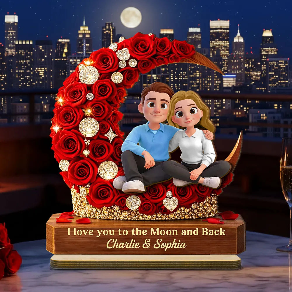 2-Layer Wooden Plaque Custom Couple on Red Rose Crescent Moon Sweet I Love You to the Moon and Back Keepsake Gift for Her or Him