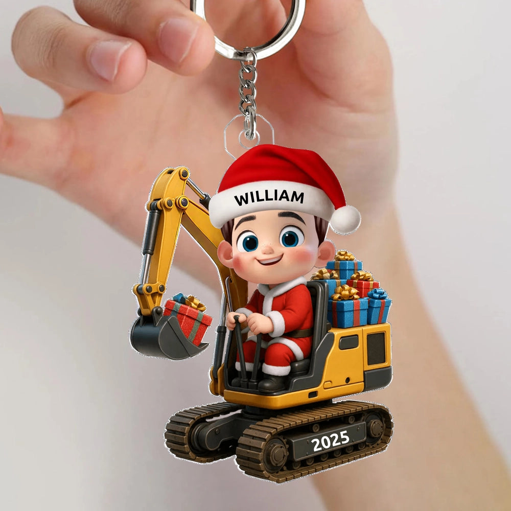 Christmas Acrylic Ornament with Cute Excavator and Santa Kid – Festive Decoration & Perfect Gift for Children