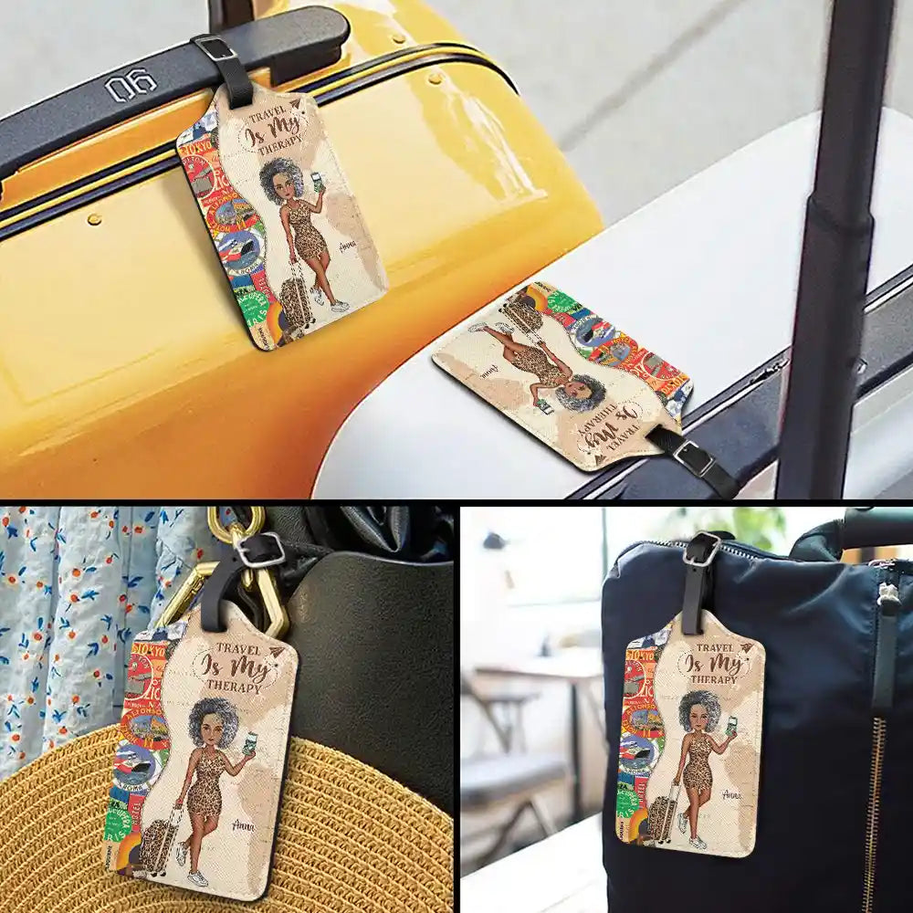 And So The Adventure Begins Leather Luggage Tag, Personalized Travel Accessory for Her with Cartoon Traveler, Stylish Unique Gift for Trips & Cruises