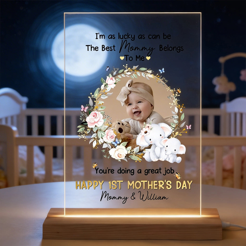 Personalized LED Light Plaque with Baby Photo and Sweet Elephant Floral Wreath, Mother's Day Gift for Mom, Cozy Ambient Glow