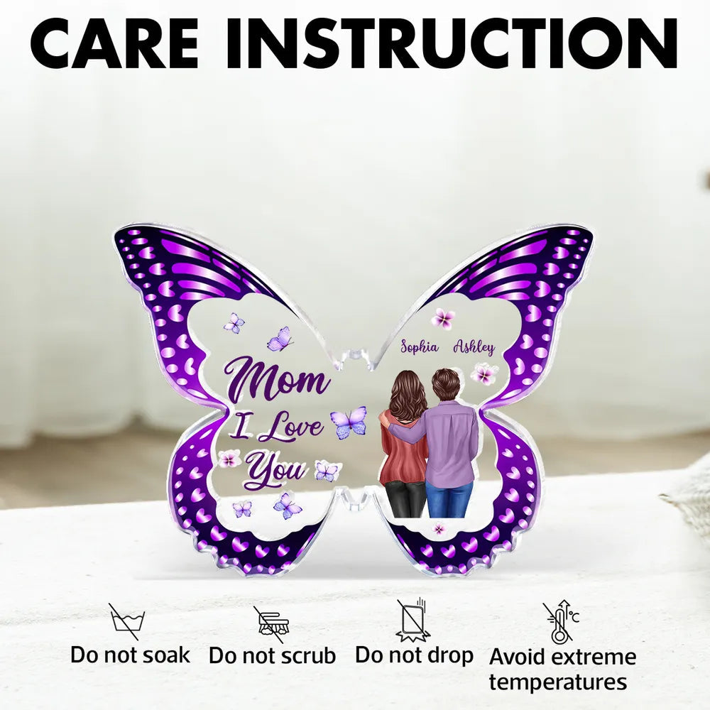 Personalized Butterfly Shaped Acrylic Block Plaque, Mom I Love You Gift, Hugging Mom & Daughter Keepsake for Shelf Decor