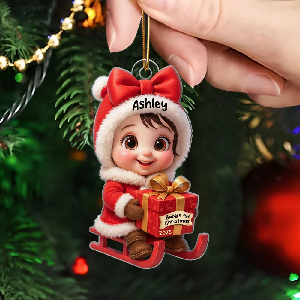 Acrylic Ornament with Baby in Santa Outfit on Sleigh, High Clarity, Heartwarming Christmas Gift
