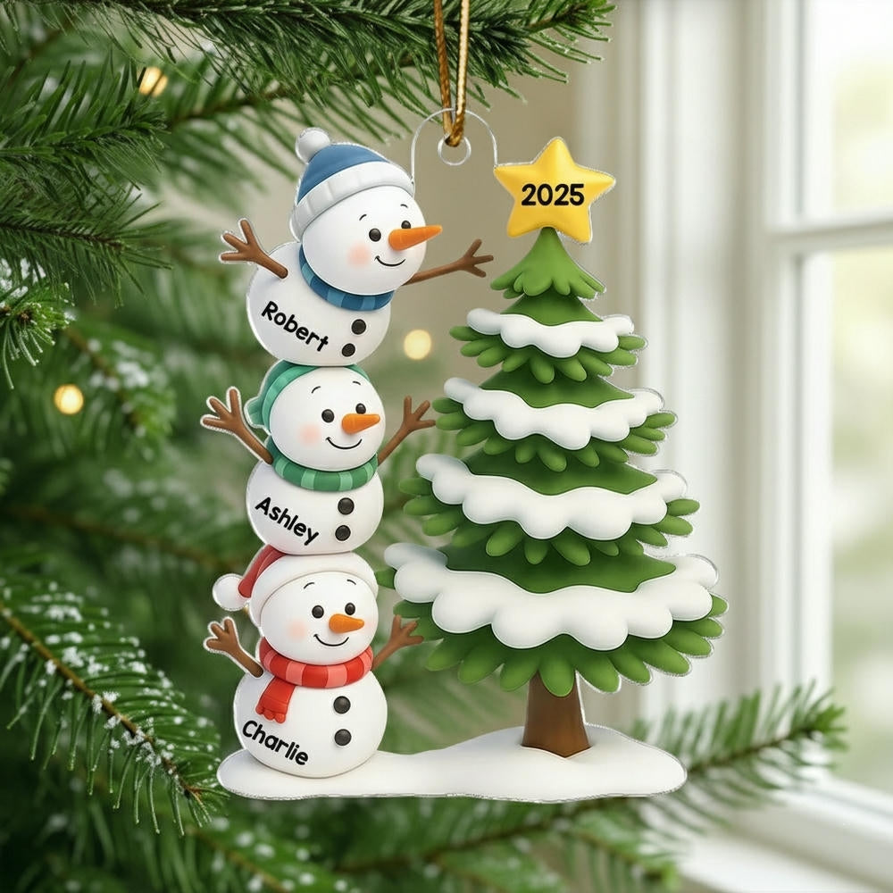 Snowman Family Acrylic Ornament, Customizable, Christmas Tree Scene, Layered Look, Unique Gift for Family & Kids