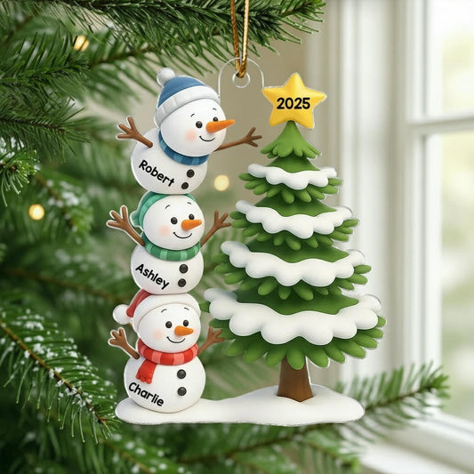 Snowman Family Acrylic Ornament, Customizable, Christmas Tree Scene, Layered Look, Unique Gift for Family & Kids