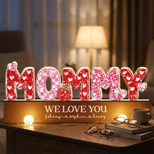 Personalized Shaped Acrylic Block LED Plaque with MOMMY Hearts, Sweet Room Decor, Unique Gift for Mom
