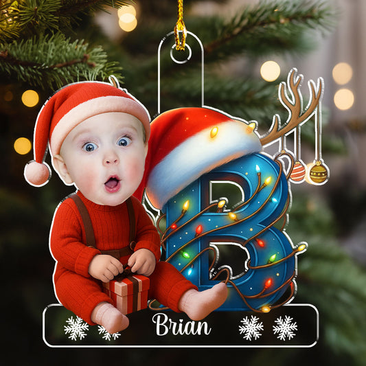 Christmas Acrylic Ornament - Photo Initial with Santa Hat & Lights, easy to hang, a unique gift for Parents & Grandparents