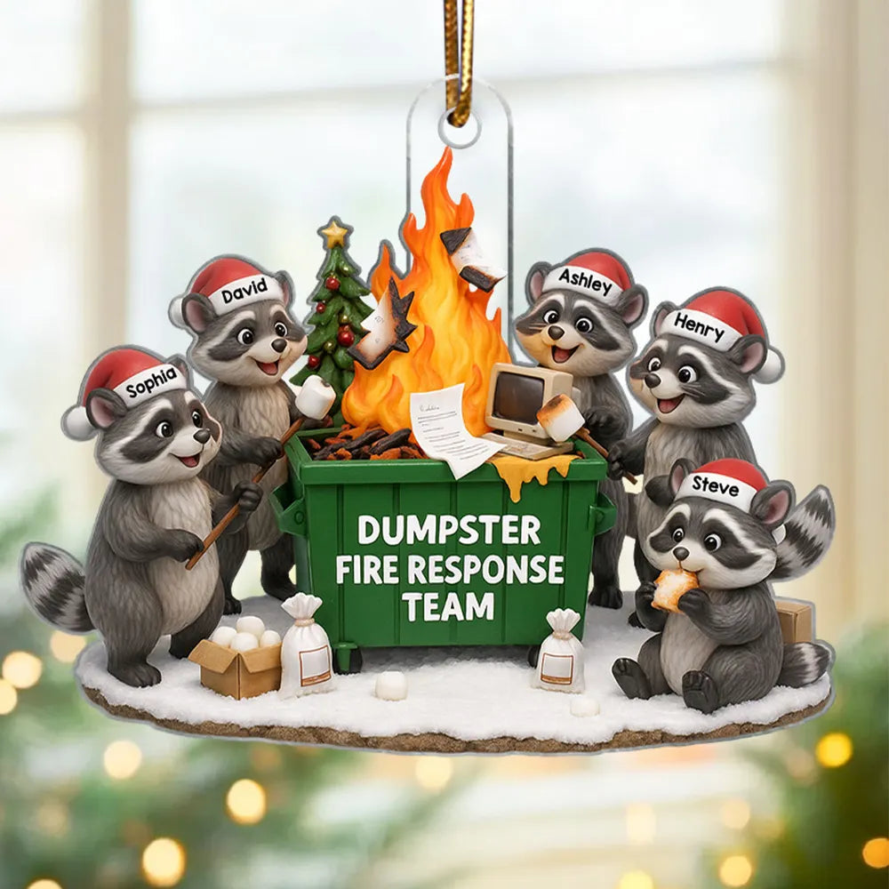 Custom Raccoon Dumpster Fire Response Team Acrylic Ornament, Hilarious Office Christmas Gift and Festive Home Decor