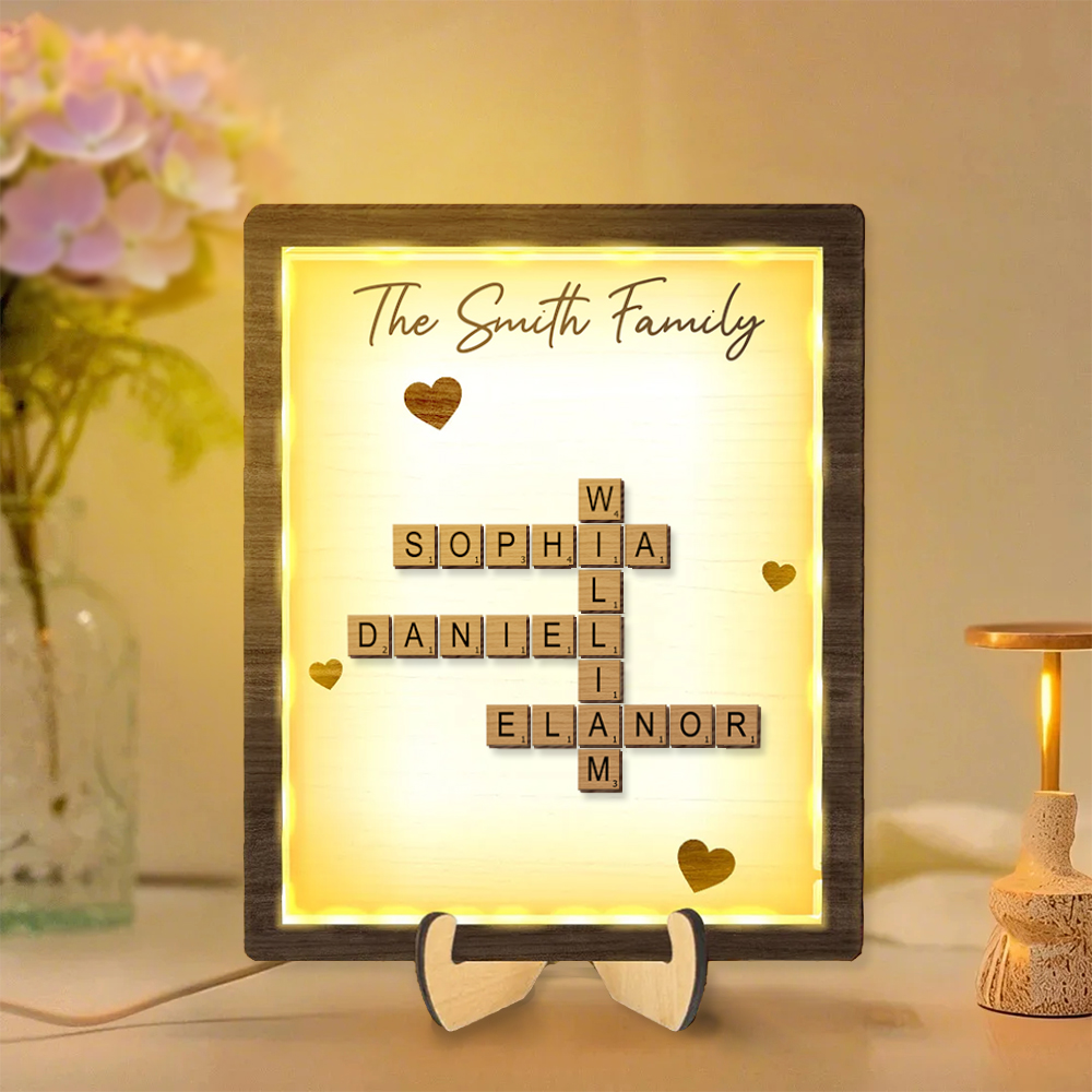 Personalized Family LED Plaque – 2-Layer Wooden Family Crossword Art – Deal Gift for Families