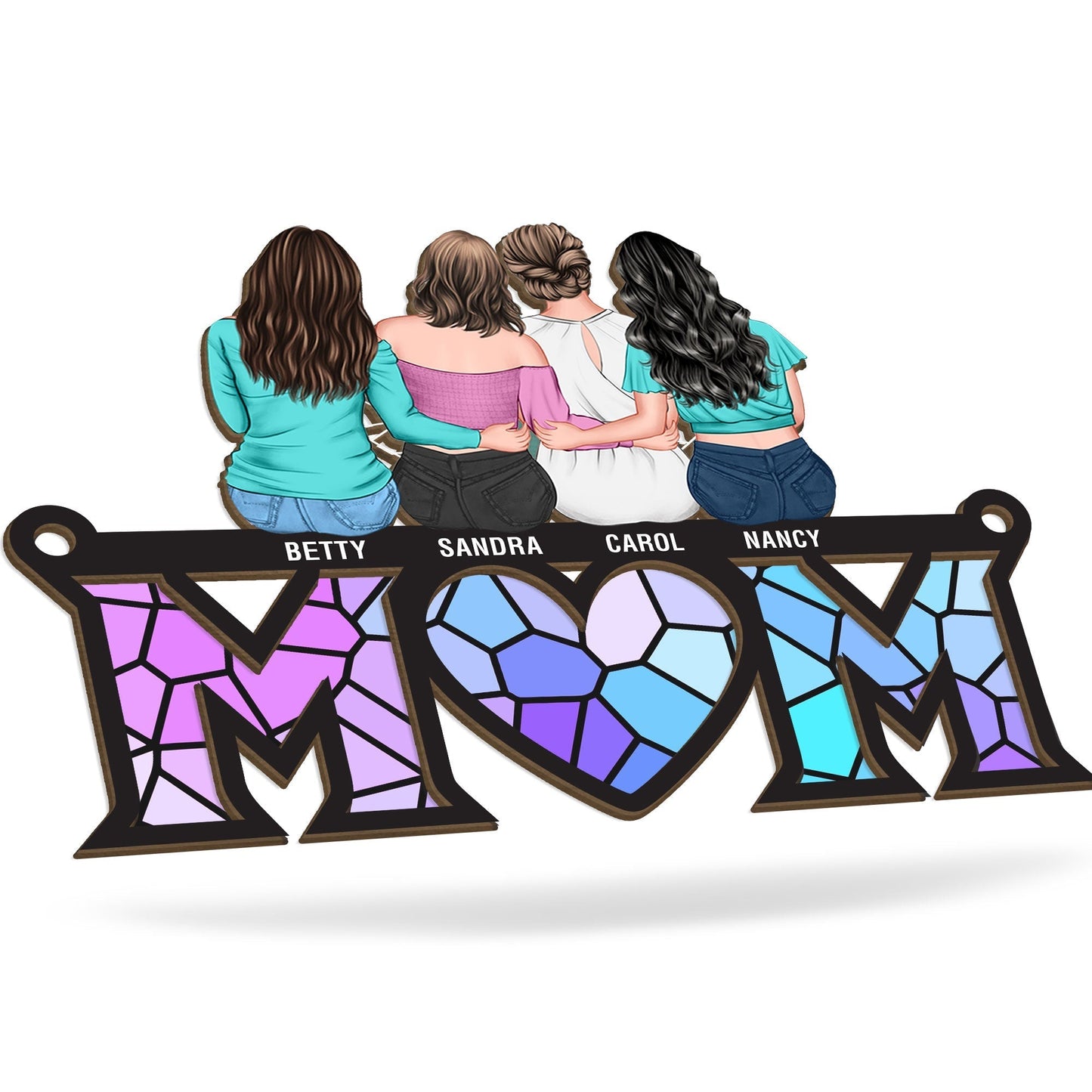 Personalized Wood and Acrylic Layered Ornament Mom Stained Glass Style Family Hug Window Hanging, Unique Gift for Mom