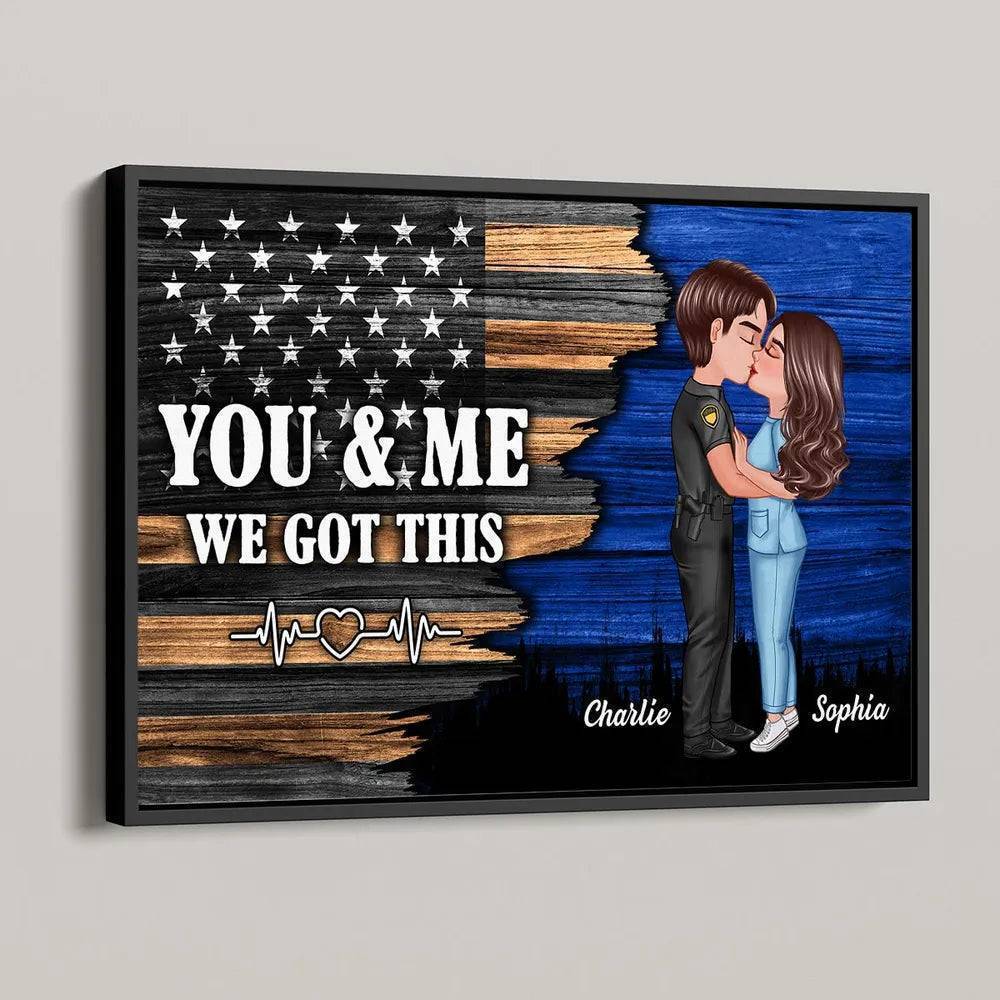 Hero Couple Kissing Half Flag Gifts by Occupation Firefighter, Nurse, Police Officer - Personalized Horizontal Poster or Canvas or Plaque or Pillow or Wallet or Wallet Card or Cap or Cup