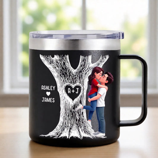 Personalized Stainless Steel Coffee Mug with Kissing Couple & Heart Initials Tree, Unique Romantic Gift for Him or Her