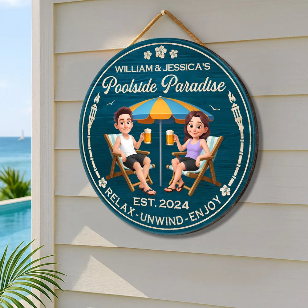 Poolside Paradise Wooden Sign – Personalized Couple Design, Romantic Backyard Gift for Lover