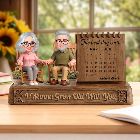 Personalized 2-Layer Wooden Plaque with Elderly Couple in Rocking Chairs and Calendar, Romantic Keepsake, Unique Gift for Wife or Husband