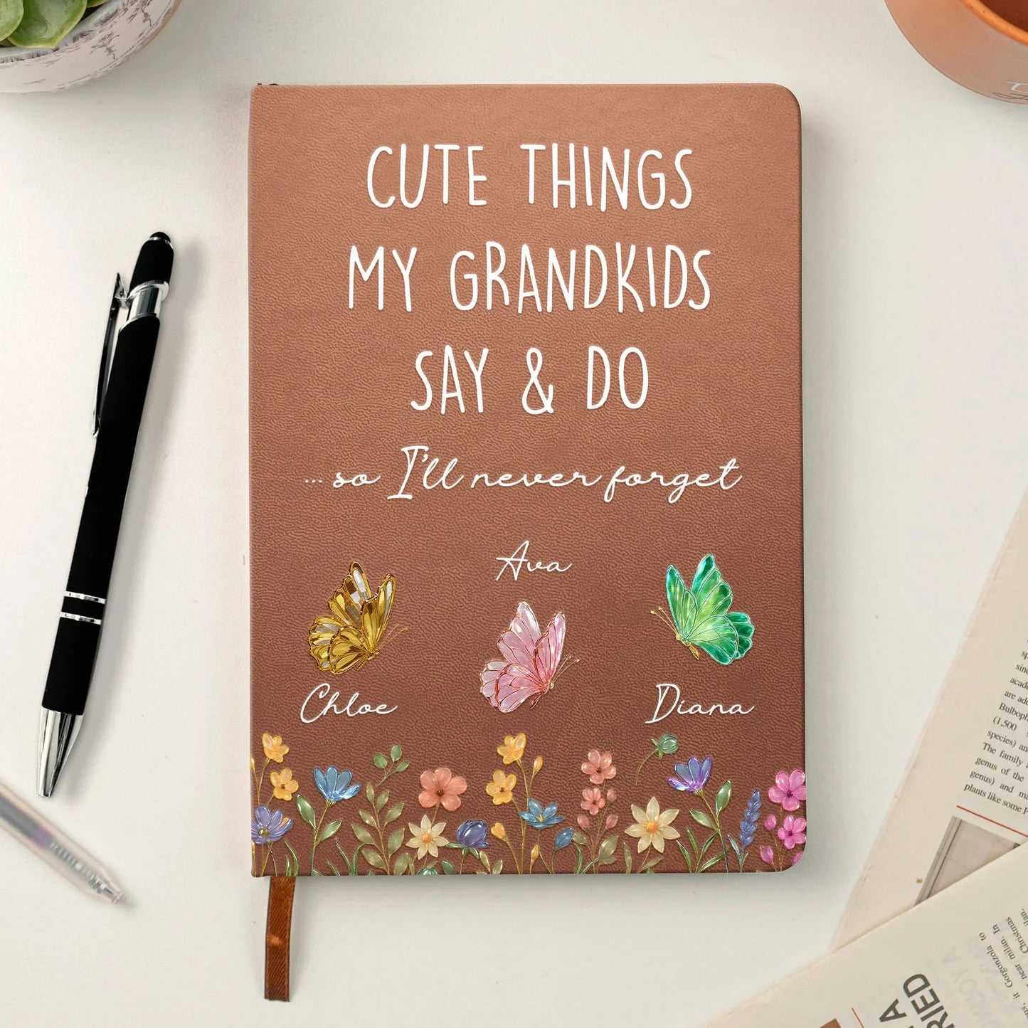Personalized Leather Journal Cute Things My Grandkids Say & Do Butterfly Floral Design Unique Gift For Grandma