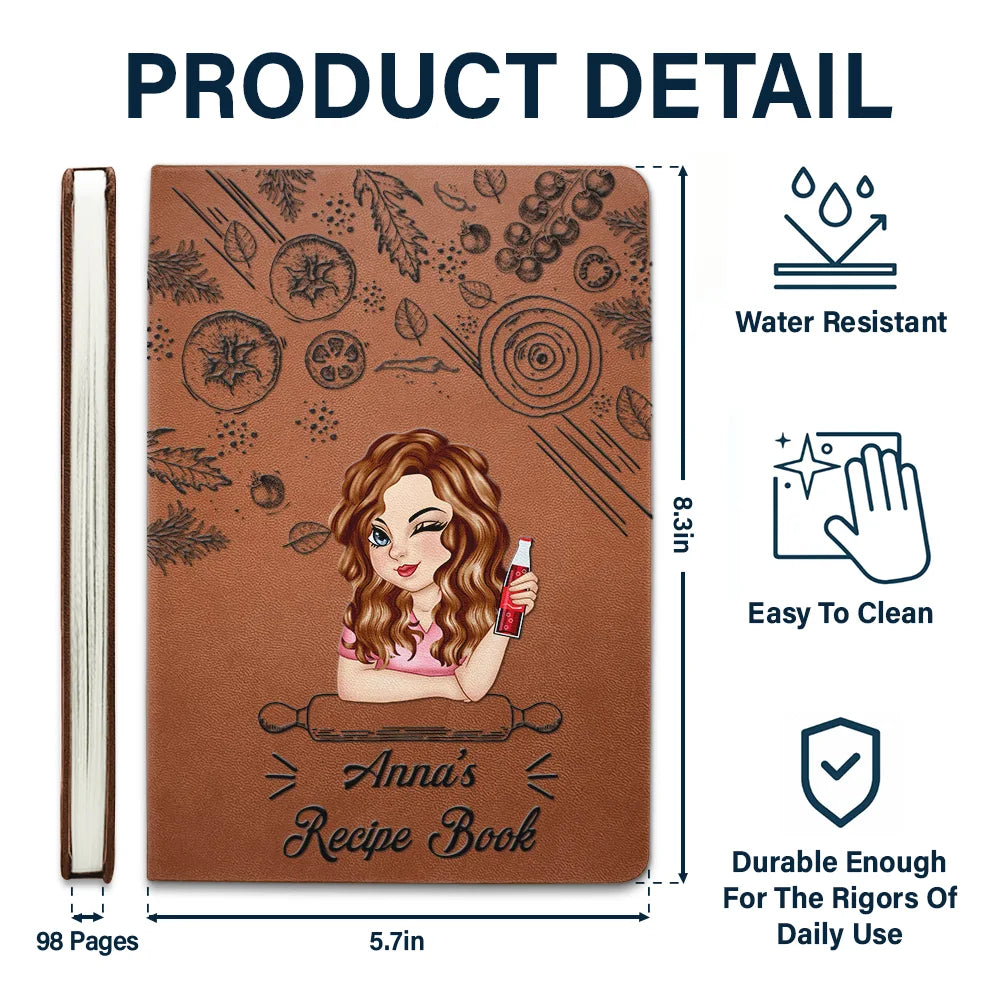 Personalized Leather Recipe Book with Custom Name, Cute Illustrated Cooking Journal Gift for Mom or Home Chef