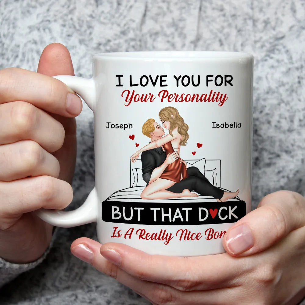 Personalized White Ceramic Mug for Couples with Hugging Bed Scene – Fun Romantic Coffee Gift, A Really Nice Bonus Surprise