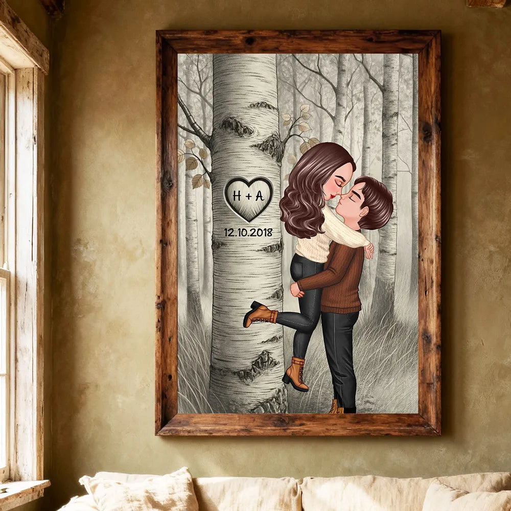 Carved in My Heart Style Personalized Poster, Cozy Forest Couple Wall Art for Home Decor, Sentimental Unique Gift for Couples