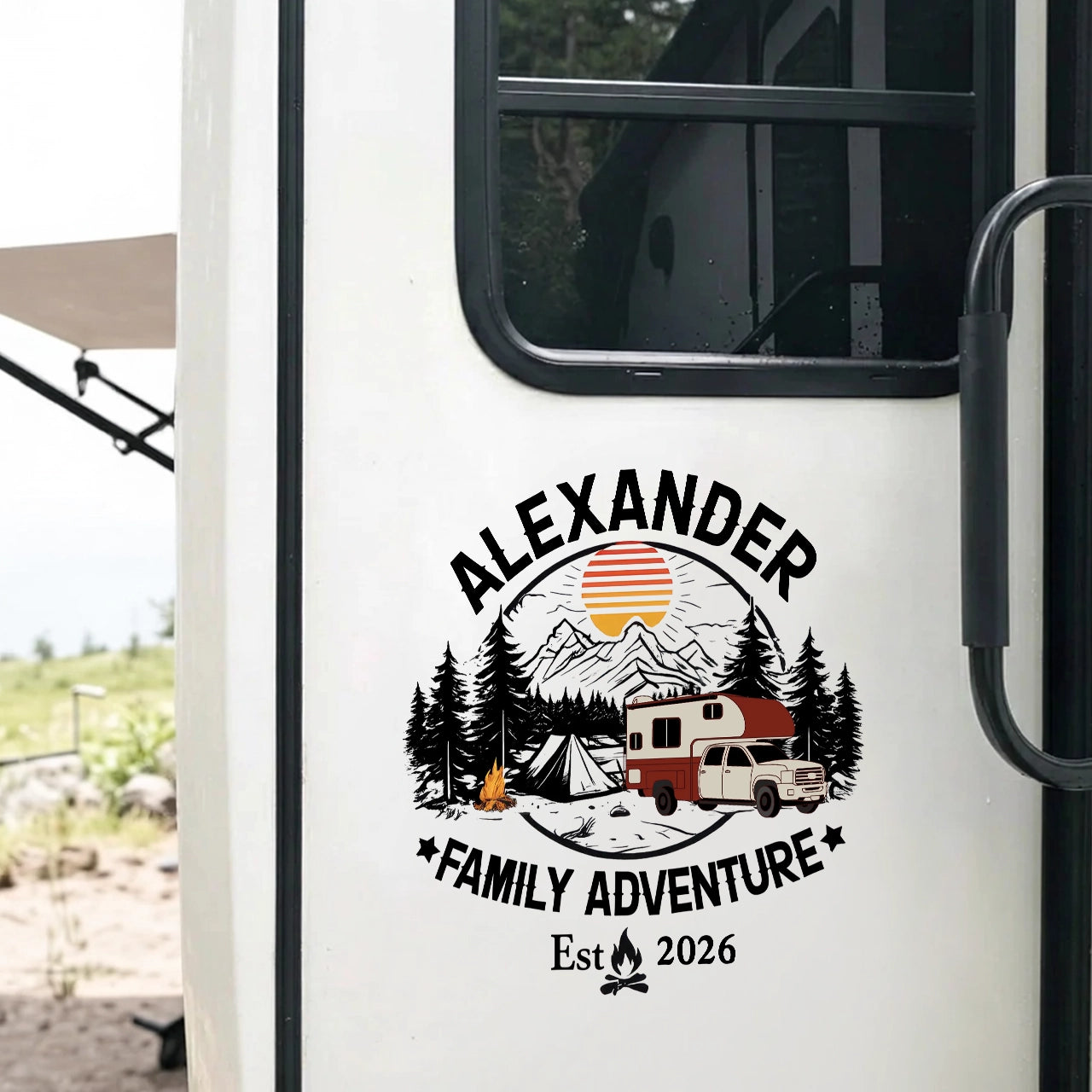 Personalized Family Adventure Sticker Decal for RV or Camper, Mountain Sunset Camping Scene, Unique Custom Gift