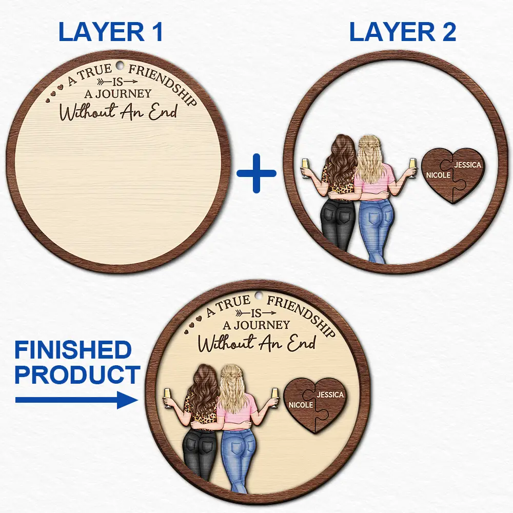 2-Layer Wooden Ornament with Hugging Friends & Puzzle Heart, We Never Walk Alone - Unique Christmas Gift for Best Friend
