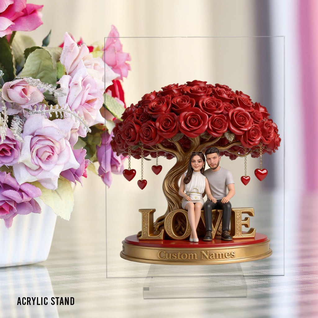Custom Personalized Old Couple Figurine Statue under Red Rose Heart Tree, Engraved Name Anniversary Wedding Gift Home Decor Sculpture