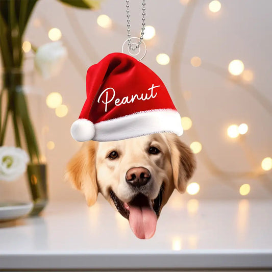 Personalized Acrylic Ornament for Pet Lovers – Santa Cap Portrait, Clear Cutout