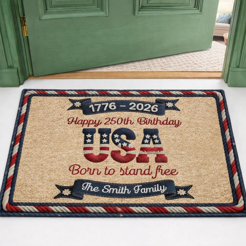 Happy 250th Birthday USA Standard Doormat, Personalized Family Name Welcome Mat, Proud Patriotic Gift for Home