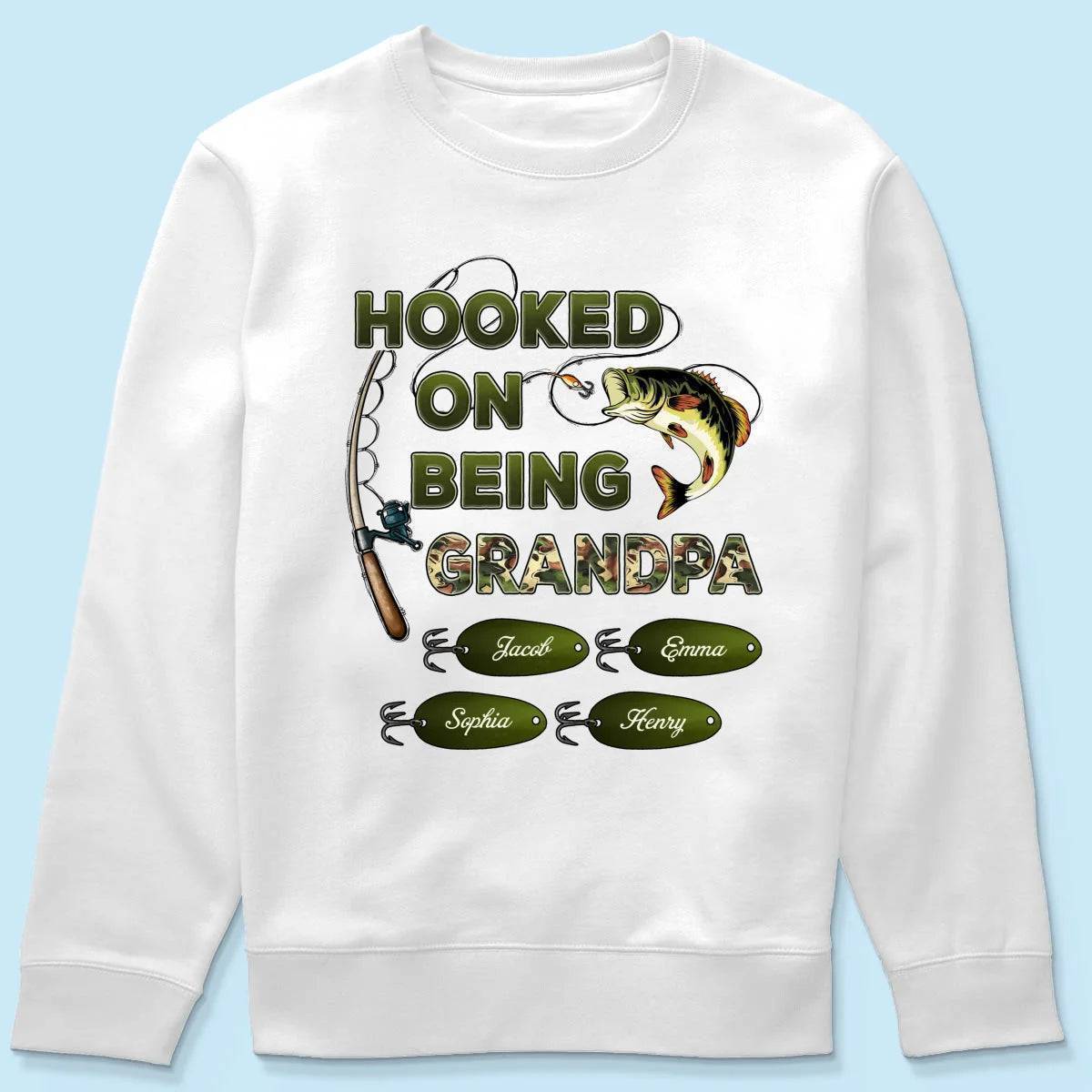"Personalized Grandpa Fishing T-Shirt/Hoodie - Hooked on Being Grandpa - Ideal Father's Day or Birthday Gift"