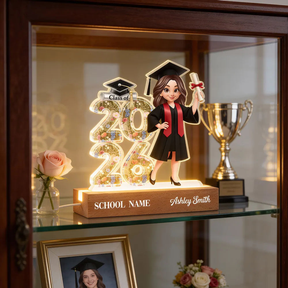 Senior Floral Block LED Light Plaque, Class Of Keepsake with Cap and Diploma Design, Creative Gift for Graduates