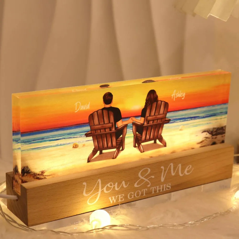 Block LED Light Plaque with Beach Couple Design, Romantic Ambience, Perfect Gift for Couples