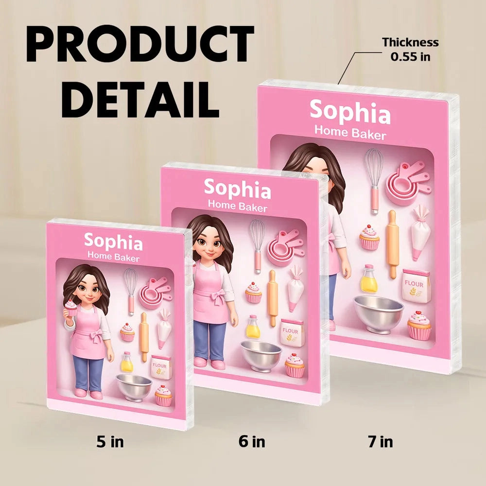 Personalized Home Baker Rectangle Acrylic Block Plaque for Kitchen Desk Decor, Sweet Pink Baking Scene, Unique Gift for Bakers