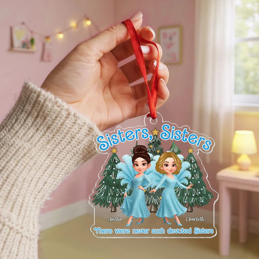 Personalized Sisters Acrylic Ornament featuring glitter blue dress design, holiday decoration and keepsake gift