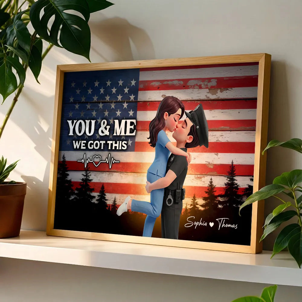 Personalized Poster of a Kissing Hero Couple on American Flag Background - Unique Gift for Couples to Say You & Me We Got This