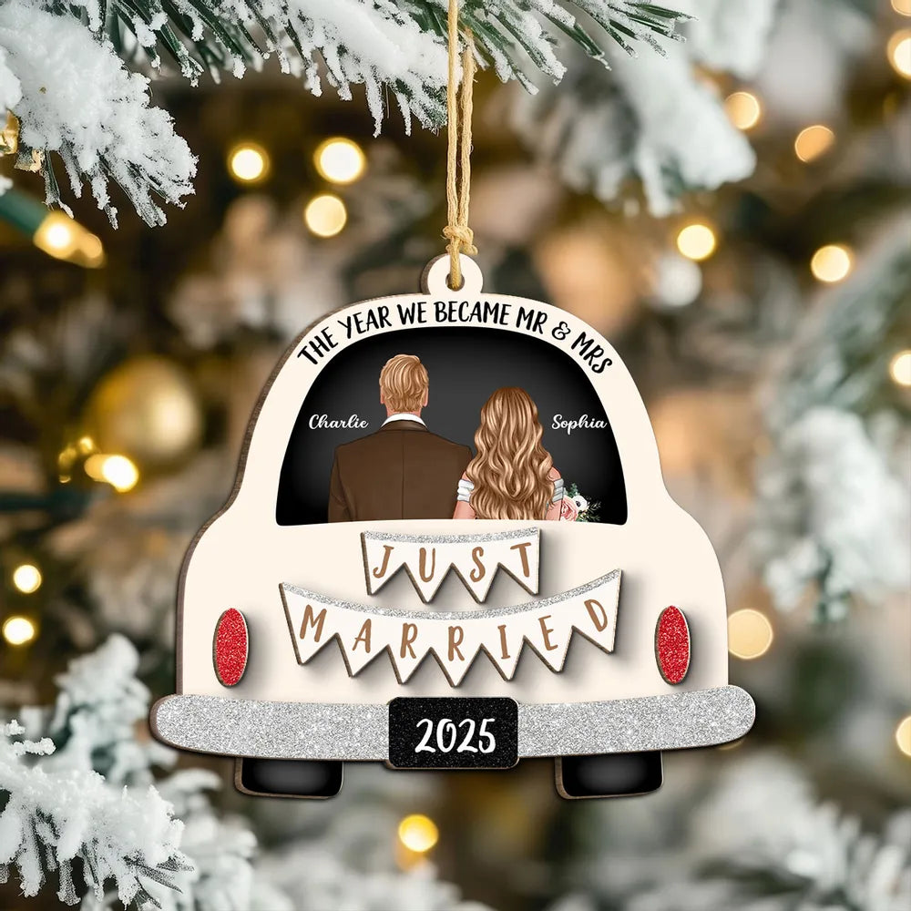 Custom 2-Layer Wooden Ornament 'Just Married' Gift for Couples