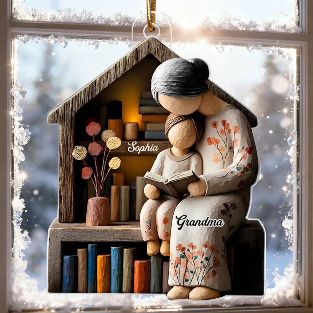 Acrylic Ornament Personalized for Grandma, Sweet Storytime Scene With Books and Warm Lights, Unique Holiday Keepsake Gift