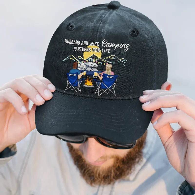 Personalized Washed Denim Baseball Cap Camping Partners For Life Outdoor Wear Vintage Look Unique Gift for Couple