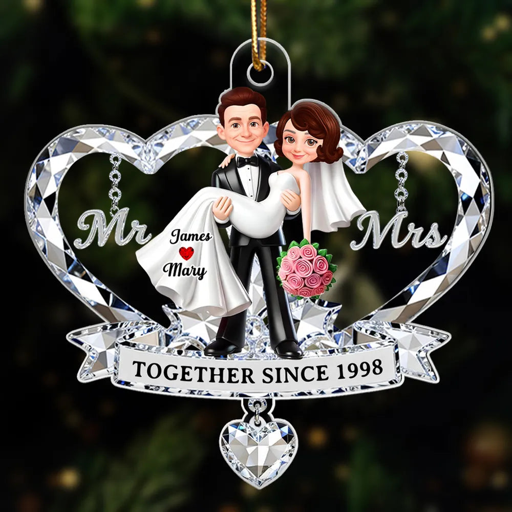 Personalized Acrylic Ornament for Couple, Mr & Mrs Bride in Groom's Arms, Christmas Tree Keepsake Unique Gift