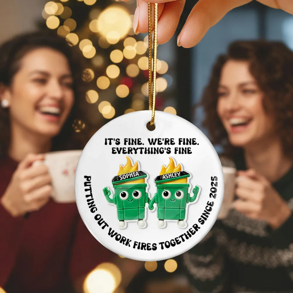 Ornament - Dumpster Fire Work Bestie, Customizable Ceramic with Acrylic Pieces, Office Decor, a unique gift for Coworkers