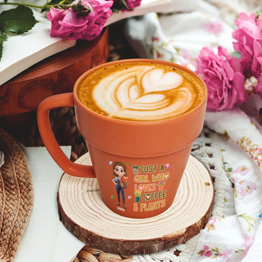 Just a Girl Who Loves Coffee & Plants – Personalized Plant Pot Mug for Coffee Lovers