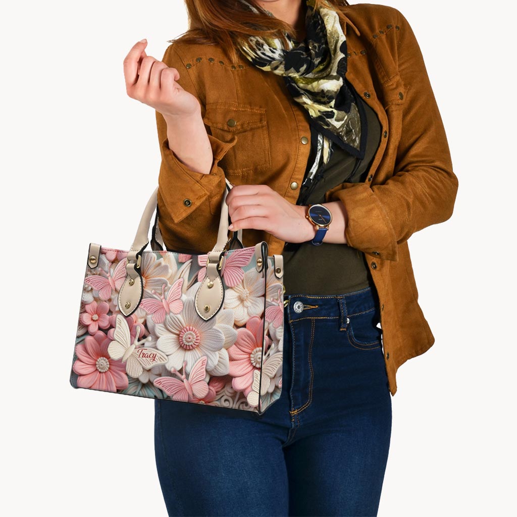 Butterfies And Flowers - Personalized Butterfly Leather Handbag