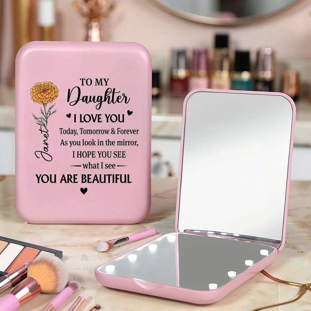 Personalized LED Pocket Mirror 'To My Daughter' Love Message - Unique Gift for Her, Daily Confidence Boost