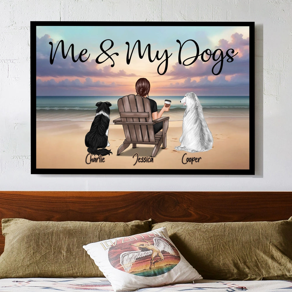 Personalized “Me & My Dogs” Beach Sunset Poster, Custom Pet Lover Wall Art, Unique Gift for Dog Owners