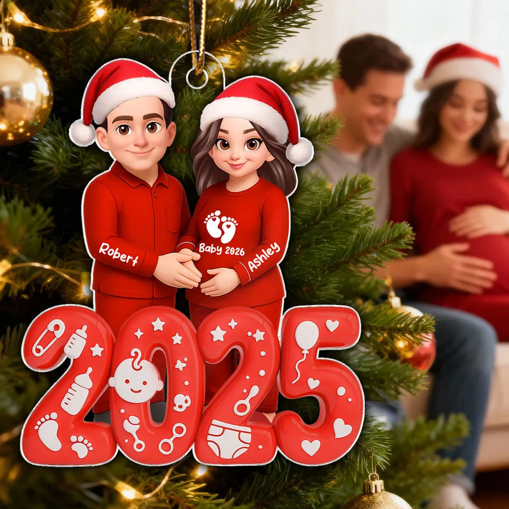 Acrylic Ornament for Expecting Parents - Personalized Santa-Hat Couple, Cozy Tree Keepsake, a unique gift for Mom-to-Be & Dad